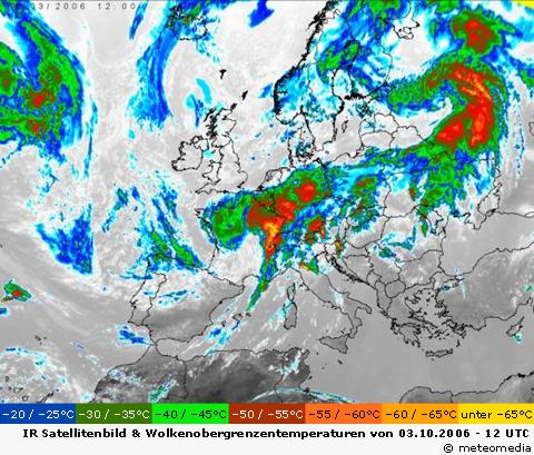 Infrarot-Satellitenbild mit Wolkenobergrenzentemperaturen