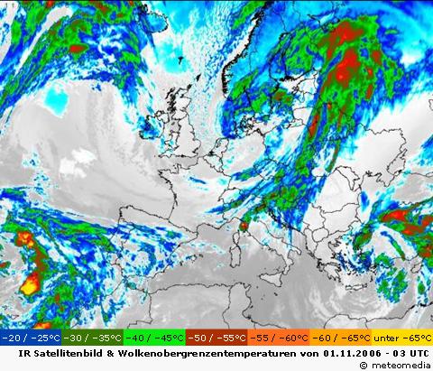 Infrarot-Satellitenbild mit Wolkenobergrenzentemperaturen